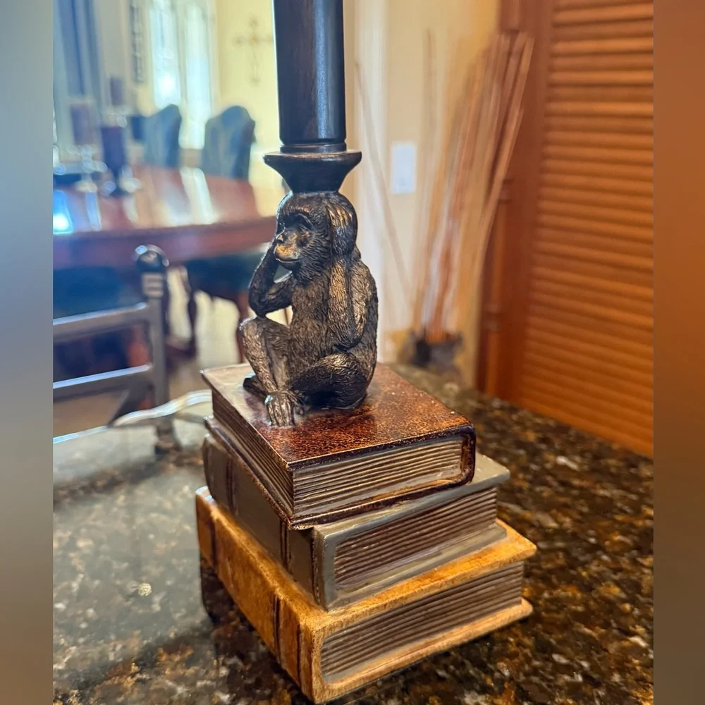 Rare Vintage Monkey on Stacked Books Buffet Lamp with Unique Striped Shade